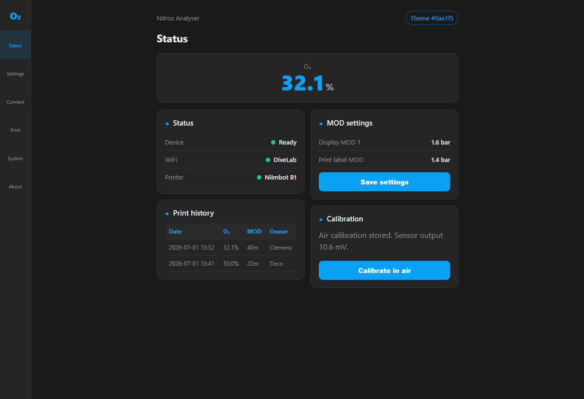Nitrox Analyser firmware Web UI dashboard